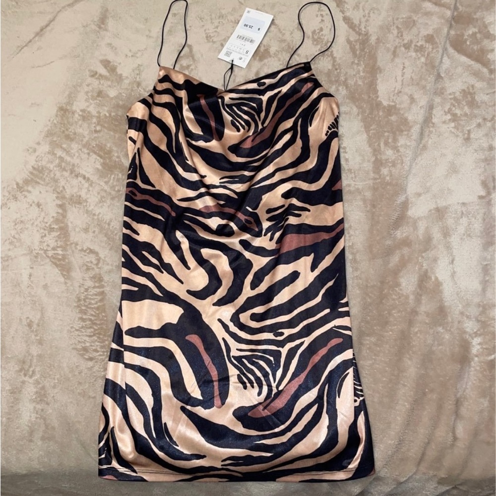 Zara Zebra Satin Cowl Neck Mini Dress